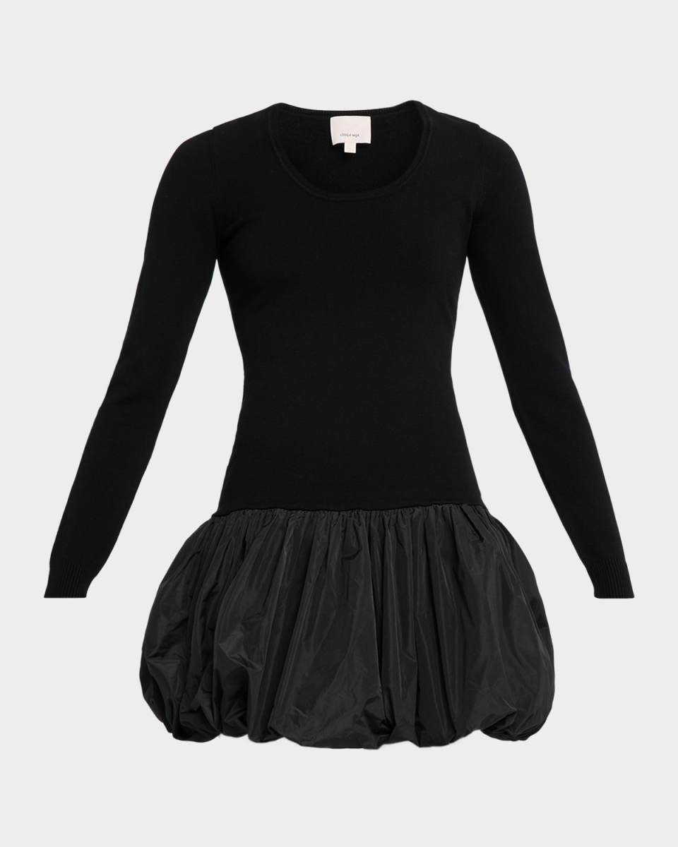 Brisa Long-Sleeve Mixed-Media Bubble Dress